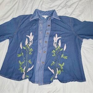 Tung Tai Denim Button-Down Shirt Floral Embroidered XL Women's Top Good Cond.